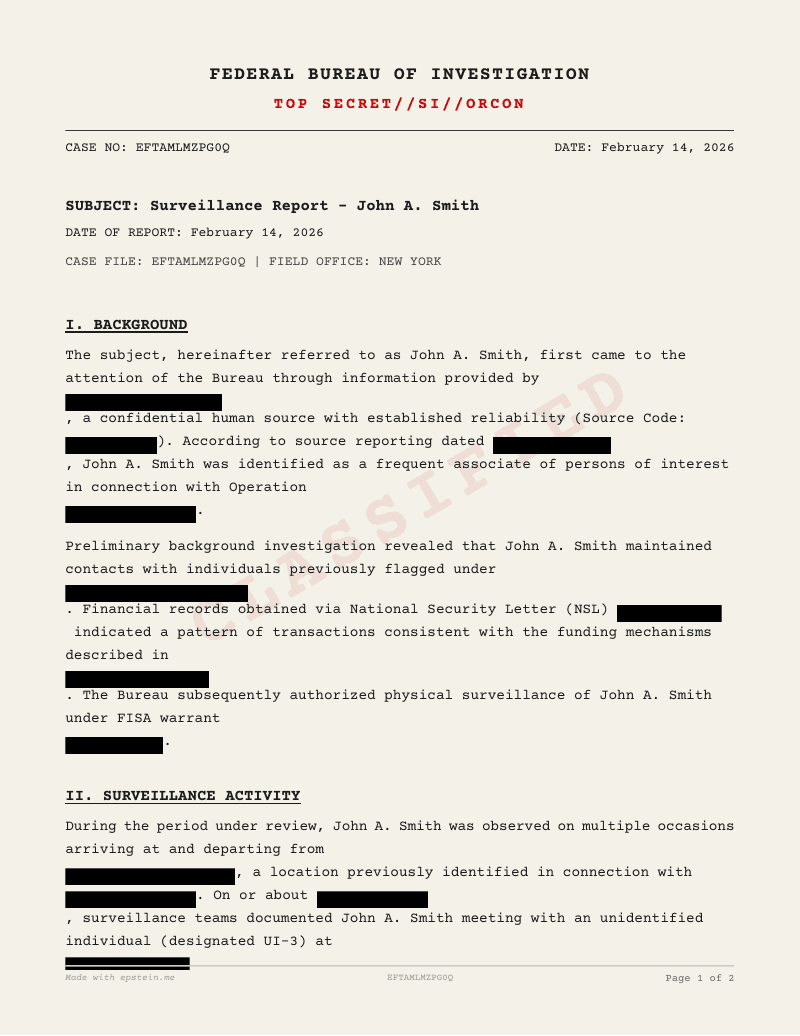 Example FBI Surveillance Report - a realistic-looking declassified document